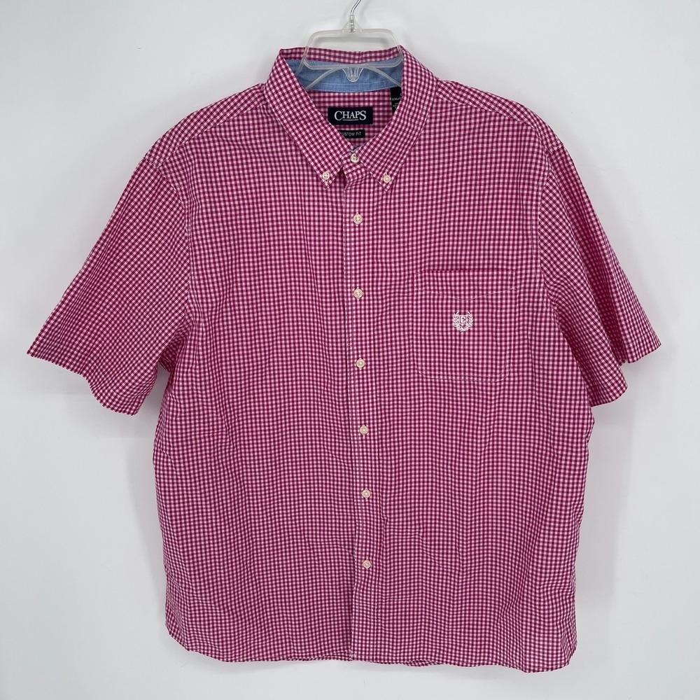 Chaps Men's Pink Gingham Plaid‎ Custom Fit Short Sleeve Button Up Shirt Size 2XL